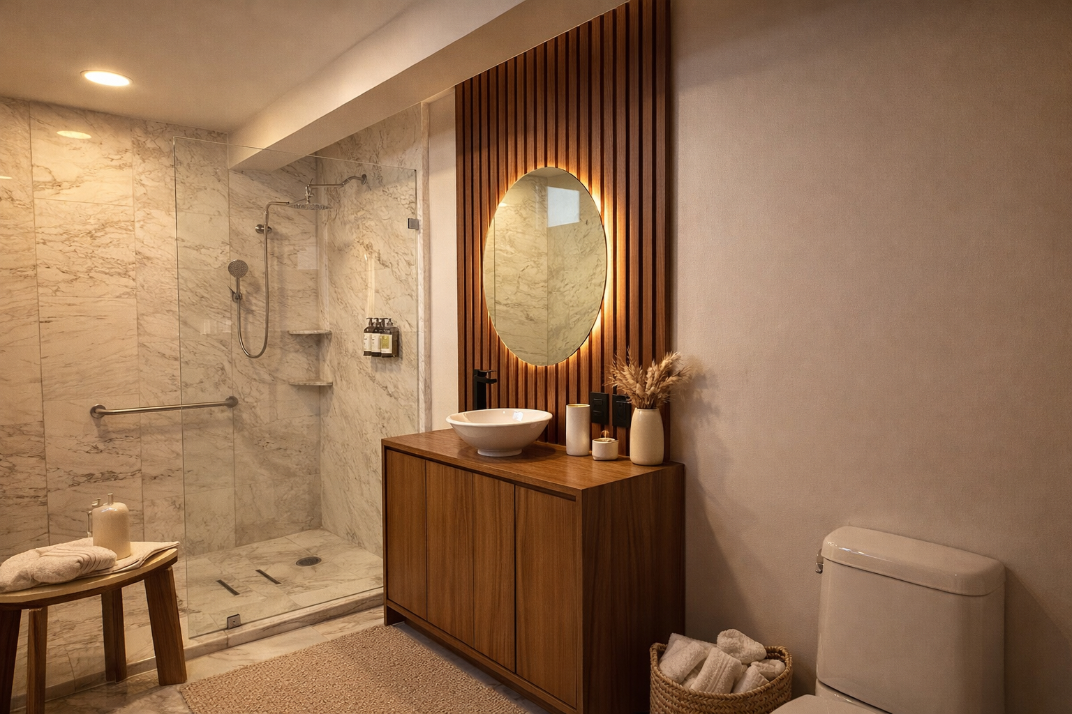 Baño privado de Casa Privé con acabados de lujo y materiales cálidos