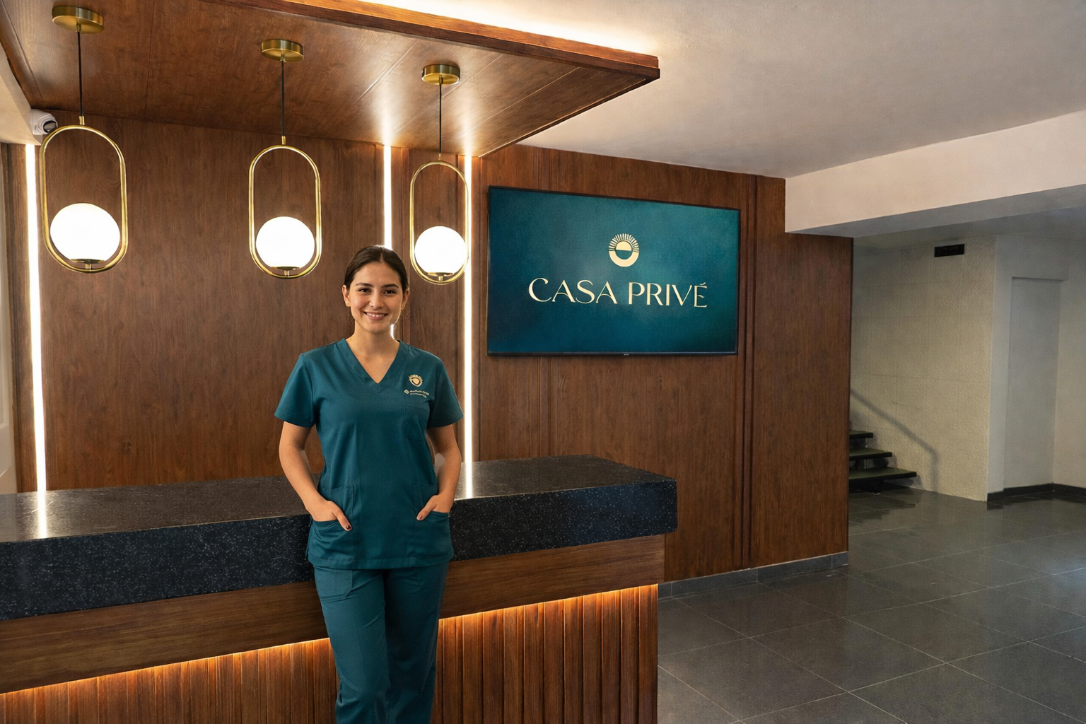 Sala de descanso de Casa Privé con iluminación cálida, decoración serena y ambiente acogedor