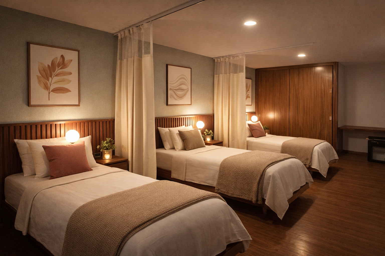 Suite Sororité de Casa Privé, habitación compartida con ambiente cálido para 3 a 4 pacientes en recuperación postquirúrgica